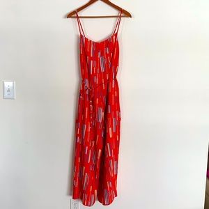 Red Jumpsuit Geometric Pattern